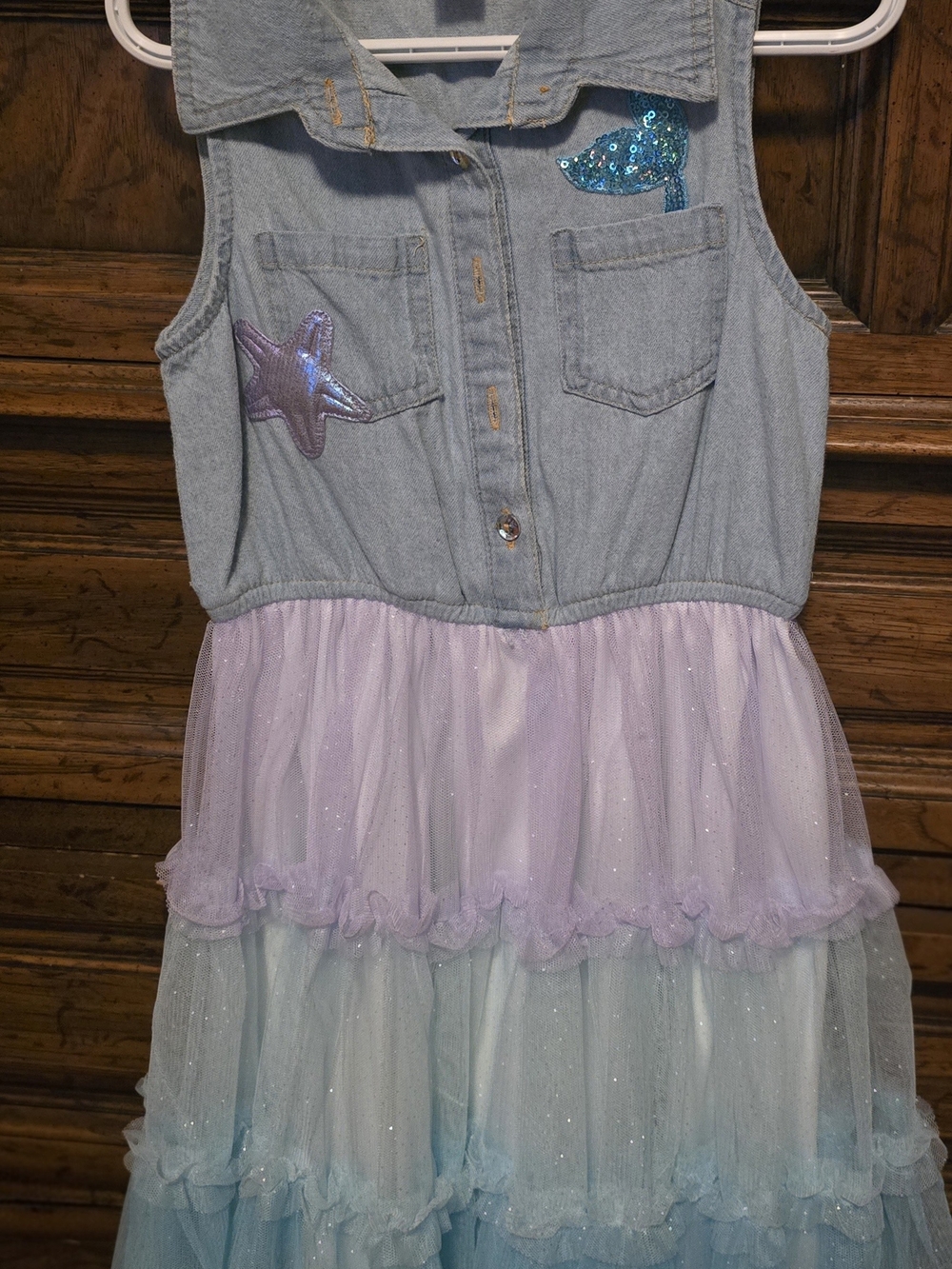 lilt Denim Mermaid Purple and Blue Tulle Tiered Dress with Sequin Accents